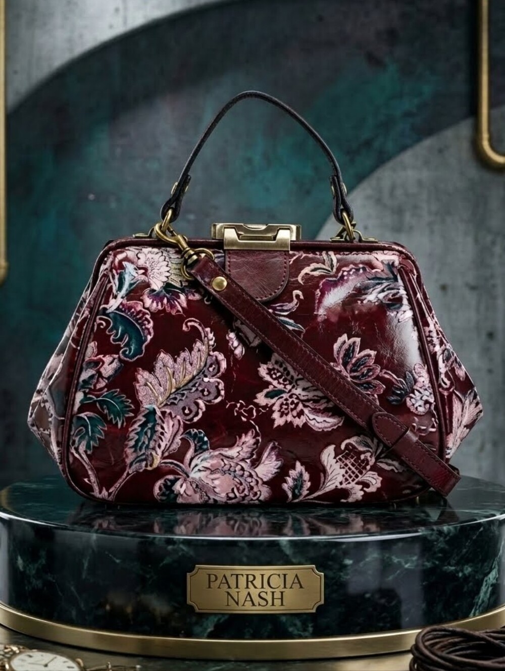 Patricia Nash Burgundy European Floral Tapestry Gracchi Satchel Leather